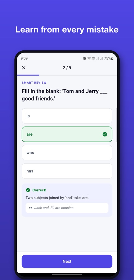 Grammar Ace teach-on-feedback screen